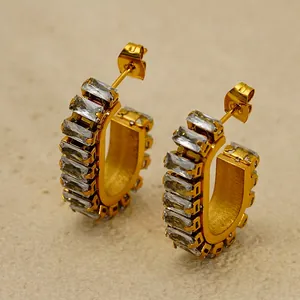 Elegant U-shaped gold earrings with rectangle cubic zirconia stones for women