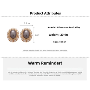 Detailed specs of vintage oval earrings with rhinestones, grey stones and pearls