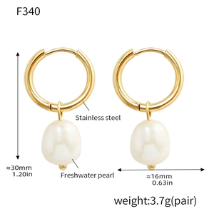 18K gold plated stainless steel hoop earrings with white freshwater pearls and size info