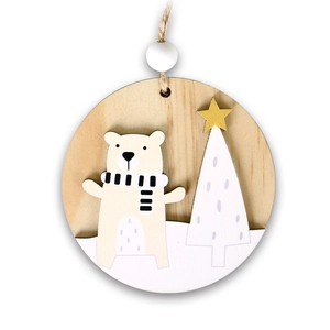 3D layered wooden Christmas ornament featuring polar bear and tree with jute rope