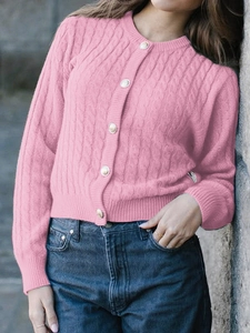 Detail showing the pink cable knit texture and gold buttons of the women sweater