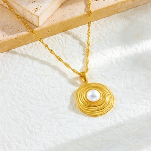 French vintage 18K gold plated stainless steel necklace with round pearl pendant