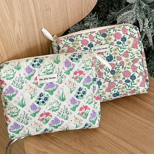 Detailed set of two quilted floral makeup bags with soft cotton texture and zip closure