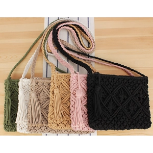 Collection of handmade macrame tassel bags in six colors for summer beach vacations