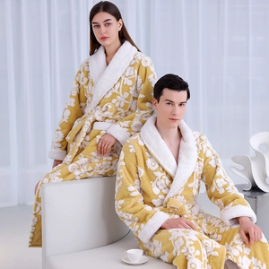 Unisex Long Bathrobe Thickened Plush Flannel Nightgown Floral Jacquard Shawl Collar Loungewear With Belt Pockets