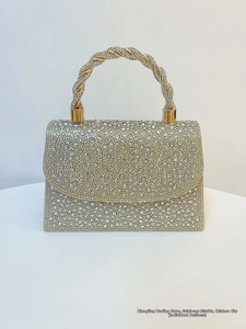 Close-up of luxury evening handbag with shimmering rhinestones and golden rope handle
