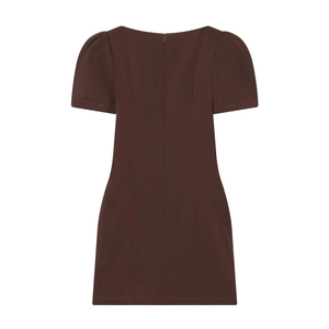 Detail of a dark brown pleated dress featuring a back invisible zipper and slim waist cut