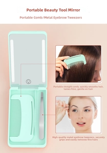 Detail view of mint green LED makeup mirror set with travel comb and metal tweezers