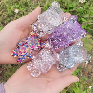 Transparent glitter bear phone socket grips with colorful holographic sequins and dots