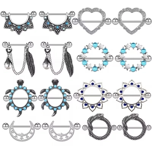 Stainless Steel Nipple Ring Jewelry Dangle Chain Feather Heart Artificial Pearl Design Nipple Piercing Shield