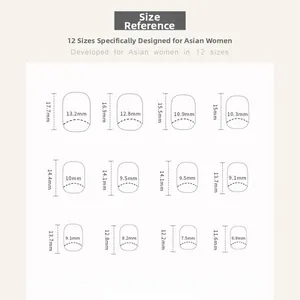 Size chart showing dimensions for 12 pieces of French cat star press-on nails in detail