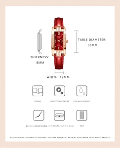 Detailed technical specifications for elegant rectangular red leather strap quartz watch