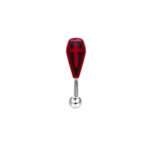 Hip hop style curved barbell eyebrow ring with red coffin and black cross design