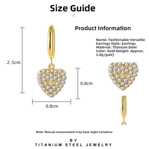 Detailed size guide of gold heart earrings with zircon inlay showing 2.5cm total length