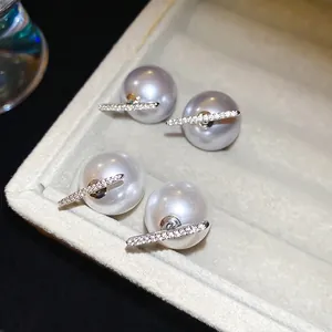 Elegant silver pearl stud earrings with sparkling zircon bar in white and grey colors