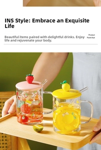 Detail of creative glass mug set with lid, glass spoon and cute shiba inu fruit patterns