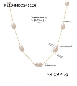 Detailed spec view of gold stainless steel necklace with natural freshwater pearls