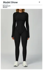 Close-up of premium black long sleeve yoga bodysuit with contrast seaming details