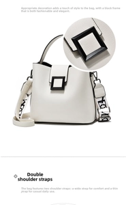 White bucket bag with litchi texture featuring dual straps and black square buckle detail