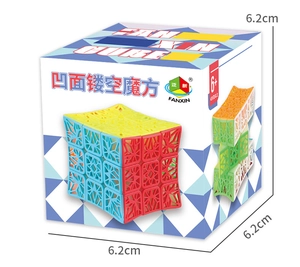 Detail of 6.2cm hollow structure 3x3 speed cube showing bright colors and dimensions
