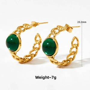 Detail of gold Cuban chain hoop earrings with green resin inlays, weight 7g and size 23.2mm