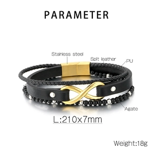 Detailed view of multilayer braided leather bracelet with agate and magnetic clasp