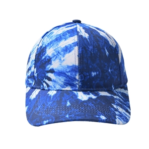 Detailed close-up of blue and white tie-dye cotton baseball cap with stitched brim