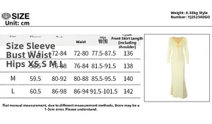 Detailed size chart for the ruffle long sleeve bodycon dress with precise measurements