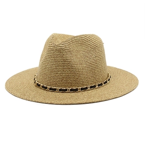 Fedora Straw Hat Metal Chain Paper Breathable Sun Protection Summer Beach Jazz Sun Hat For Women Men