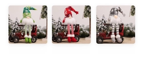 Three glowing Christmas gnomes with long legs and snowflake hats in red, grey, and green