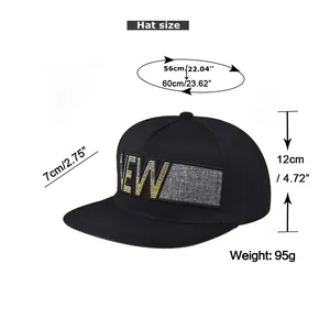 Size chart for hip hop flat brim baseball cap showing 56-60cm circumference and hat height