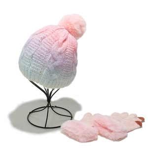 Winter tie-dye gradient knit hat and gloves set with faux fur pom and plush lining
