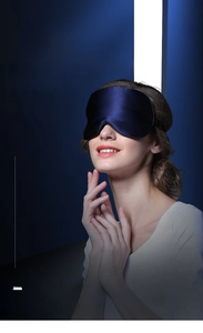 Detailed view of 16 Momme silk blackout eye mask on model for quality sleep