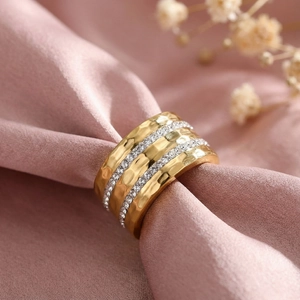 Wide Band Ring Stainless Steel Hammered Texture Cubic Zirconia Micro Pave Fashion Vintage Chic Jewelry For Women