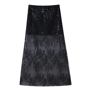 Jupe midi noire à taille haute élégante avec broderie florale en paillettes et mesh