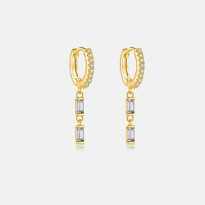 Elegant gold S925 silver hoop earrings with hanging rectangular cubic zirconia stones