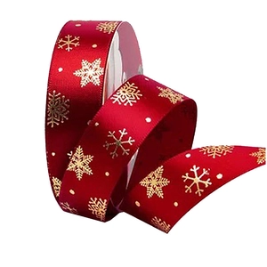 2.5cm red satin Christmas ribbon with gold snowflake pattern for gift box decoration