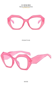 Detailed front and side view of rose red geometric polygonal eyewear frame in transparent resin