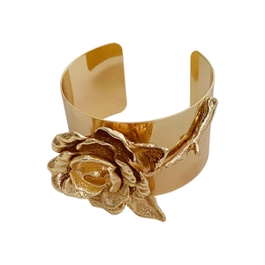 Statement gold-tone cuff bracelet with 3D rose flower design in metallic finish