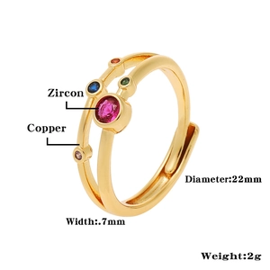 Macro shot of double-layer copper ring with colorful zircon stones and dimensions