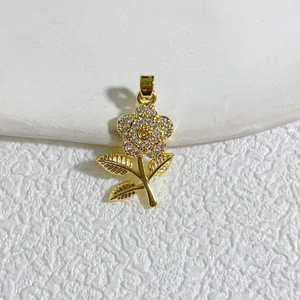 Gold plated flower pendant with white zircon micro-pave and green leaf stem design