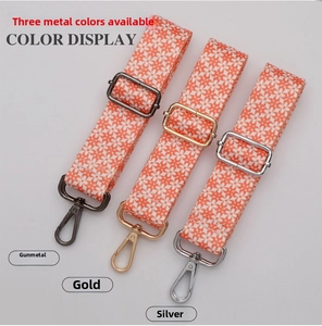 Detailed view of woven floral straps with gunmetal, gold, and silver metal hardware