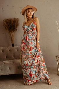Detailed close-up of paisley print on bohemian v-neck sleeveless long dress