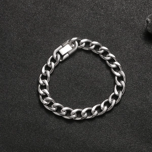 Detailed top view of a silver titanium steel Cuban link bracelet with square buckle closure