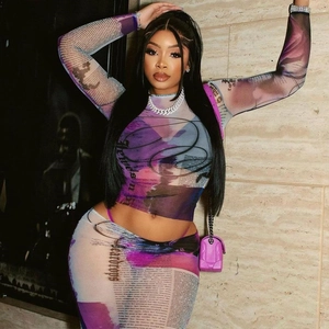Women's sexy sheer mesh two-piece set with purple newspaper print and bodycon long skirt