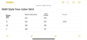 Size chart for high-waisted solid maxi skirt with waist and length measurements