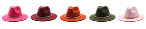 Selection of colorful wool fedora hats featuring stylish gold chain link decorations