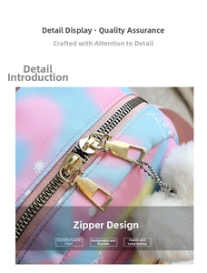 Close-up of candy-colored tie-dye nylon backpack with gold double zippers and LOVE print
