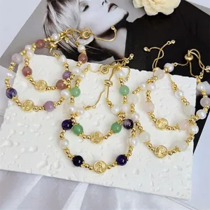 Elegant 18k gold plated beaded bracelet set with colorful stones and Virgin Mary charms