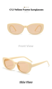 Retro cat-eye sunglasses with cream frame and tea lenses, front and side view display